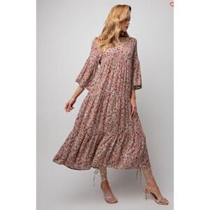 EASEL Floral Khaki Bell Sleeve Long Midi Dress "Now or Never" Size Small NWT